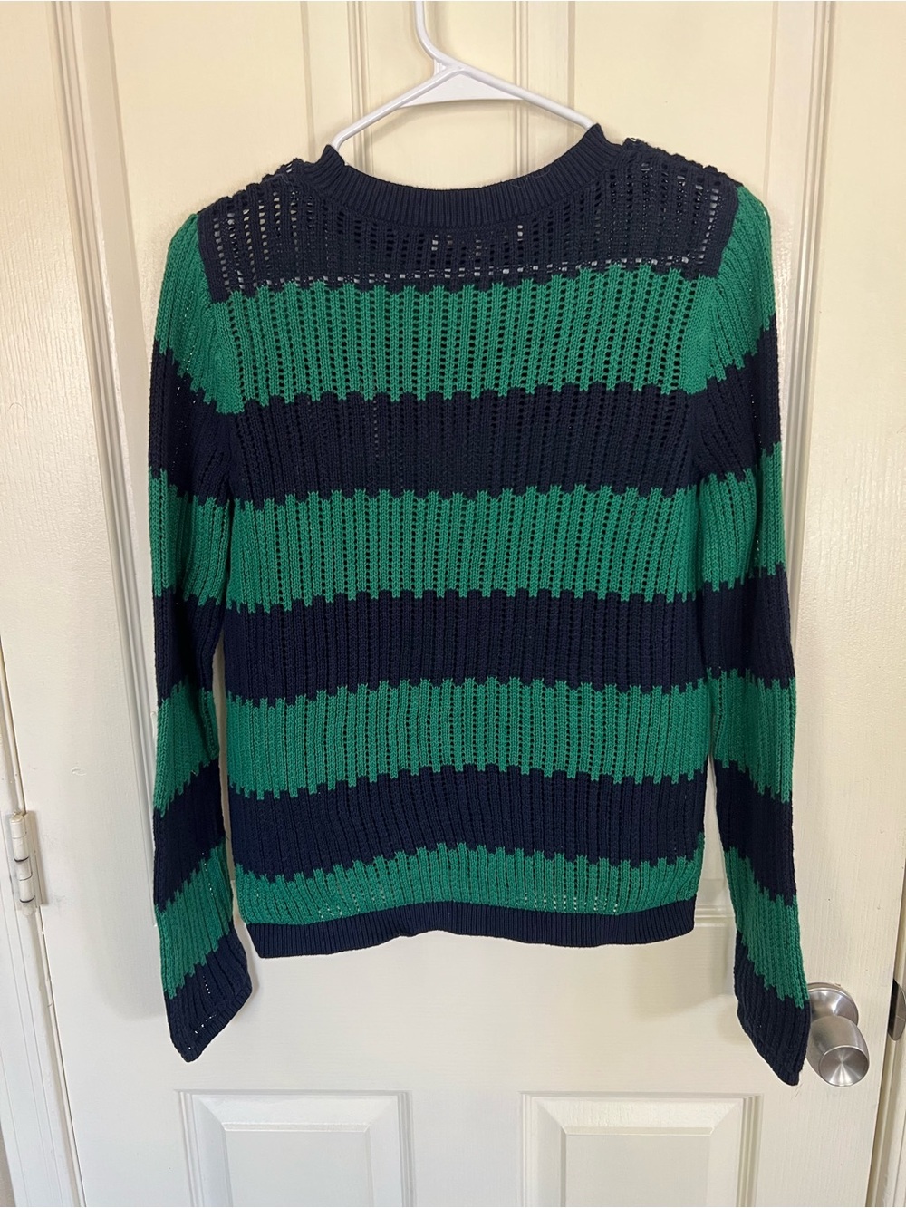 LOFT Green & Navy Striped Open Knit Cotton Sweater Size Medium - Picture 7 of 9